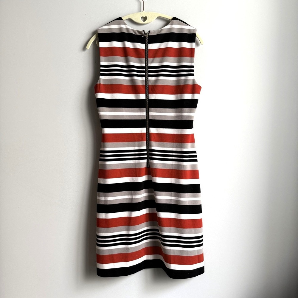 CALVIN KLEIN Scuba Sheath Dress 6P Stretch Zip Fitted Sleeveless Midi Red Stripe - Picture 3 of 11
